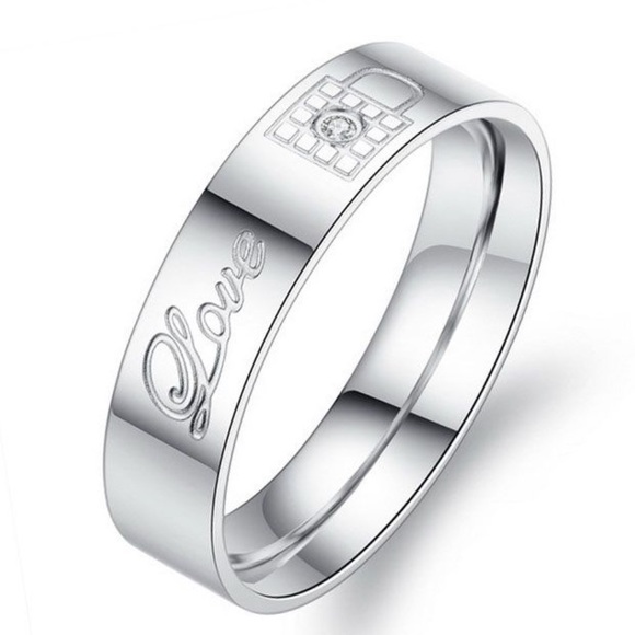 Stainless Steel Love Lock & Key Wedding Band Set - Picture 4 of 12